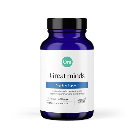 Ora Organic brain health supplement bottle showcases clean, stimulant-free focus support.