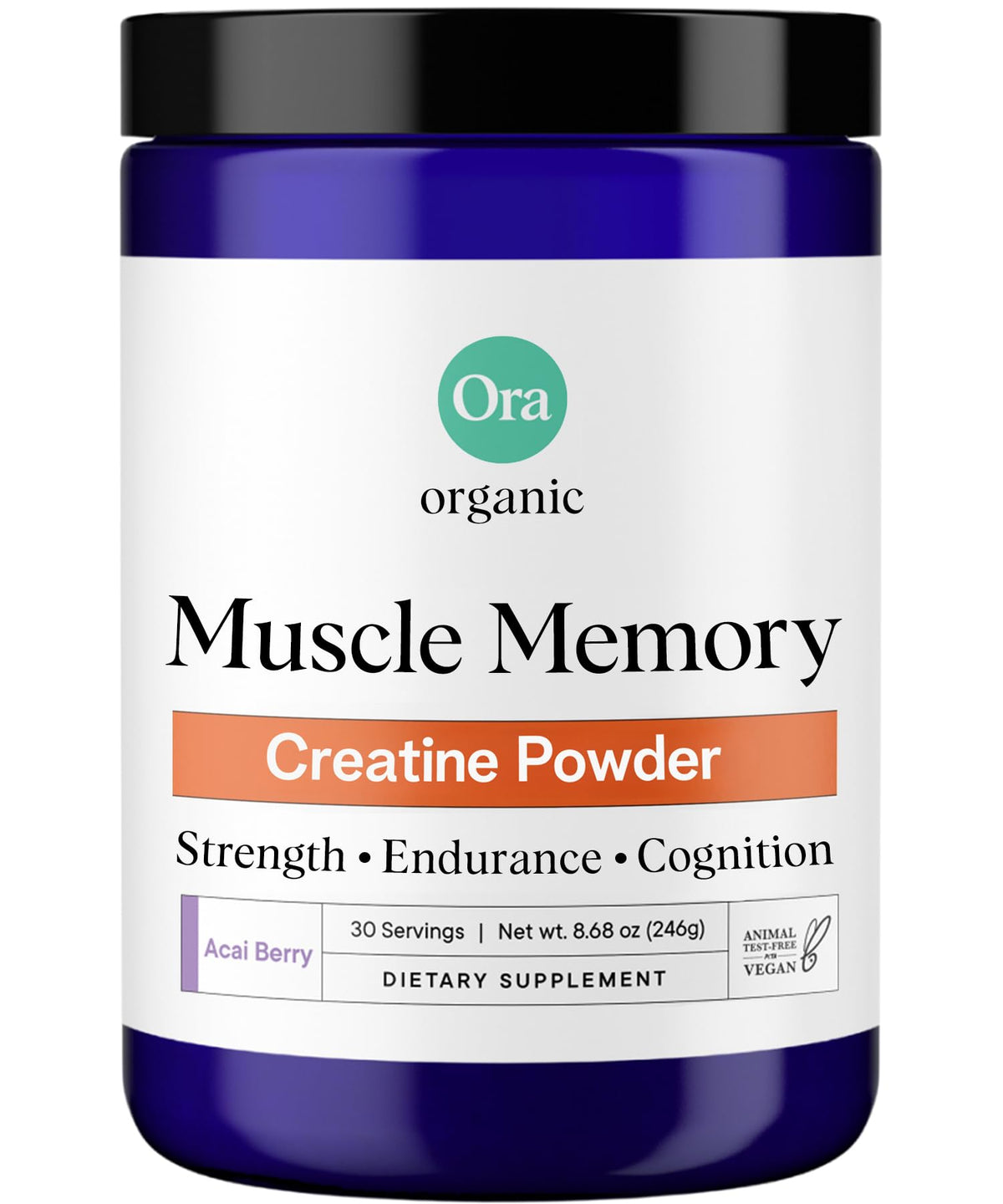 Ora Organic Creatine Monohydrate Acai Berry bottle for easy mixing and taste.
