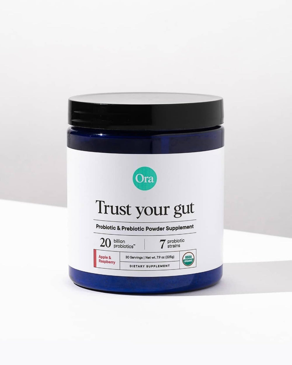 Ora Organic glass bottle packaging keeps vegan synbiotic fresh.