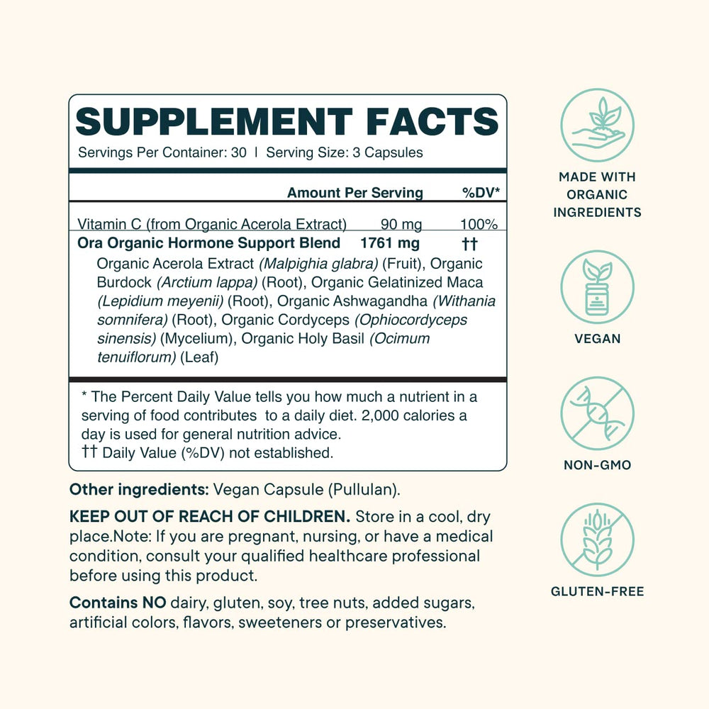 Ora Organic Hormone Balance capsules arranged for everyday use