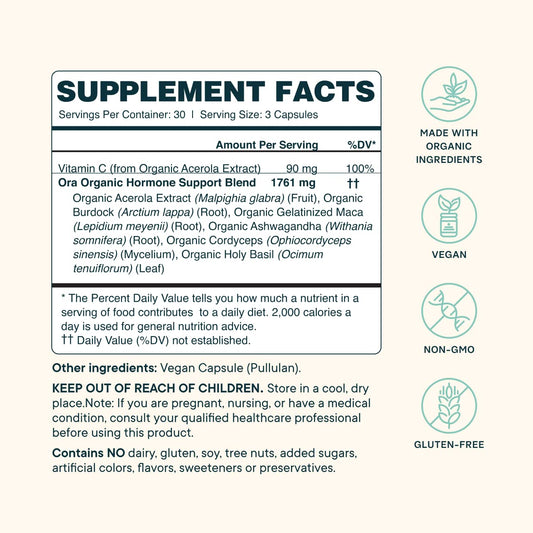 Ora Organic Hormone Balance capsules arranged for everyday use