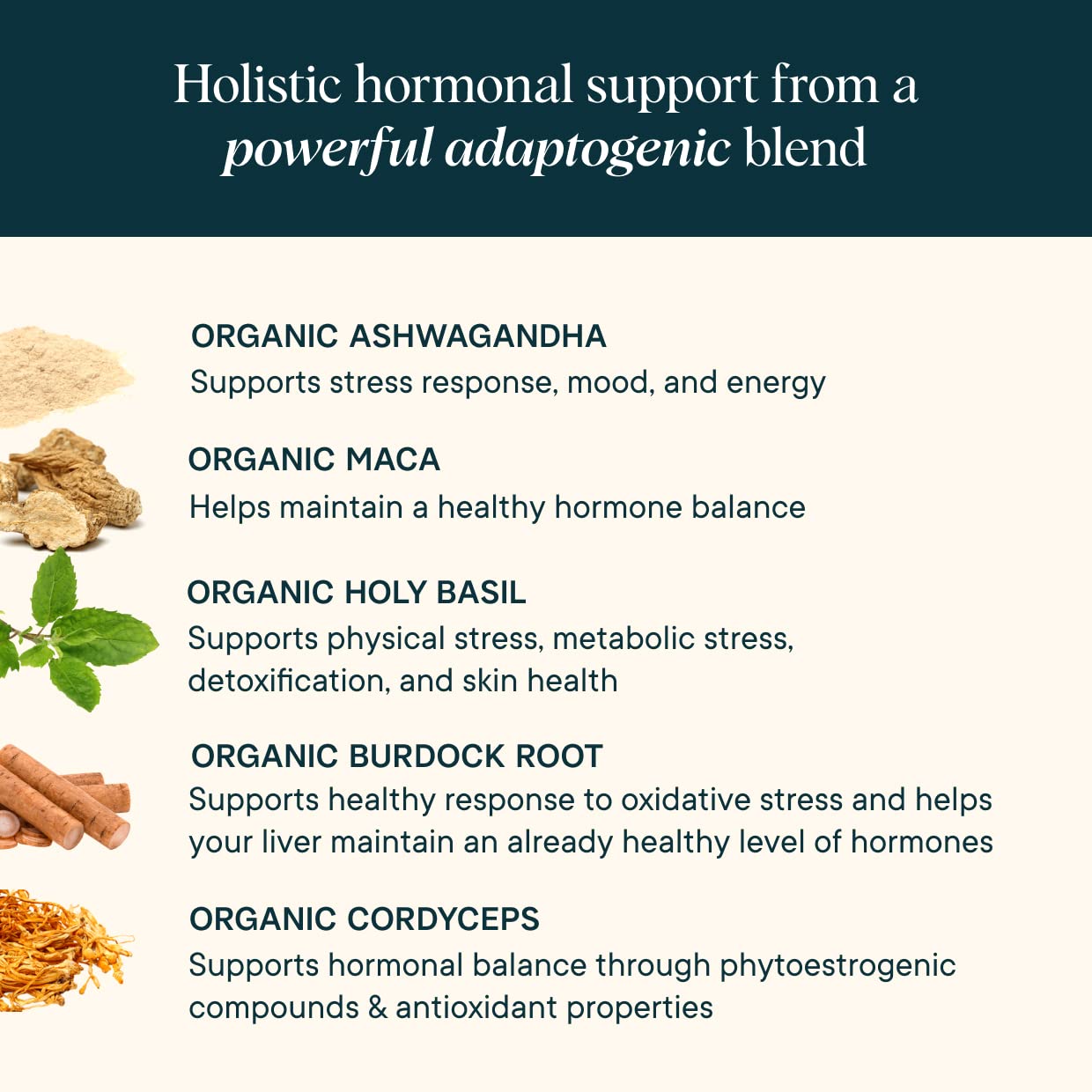 Ora Organic Hormone Balance ingredient blend closeup with maca and ashwagandha