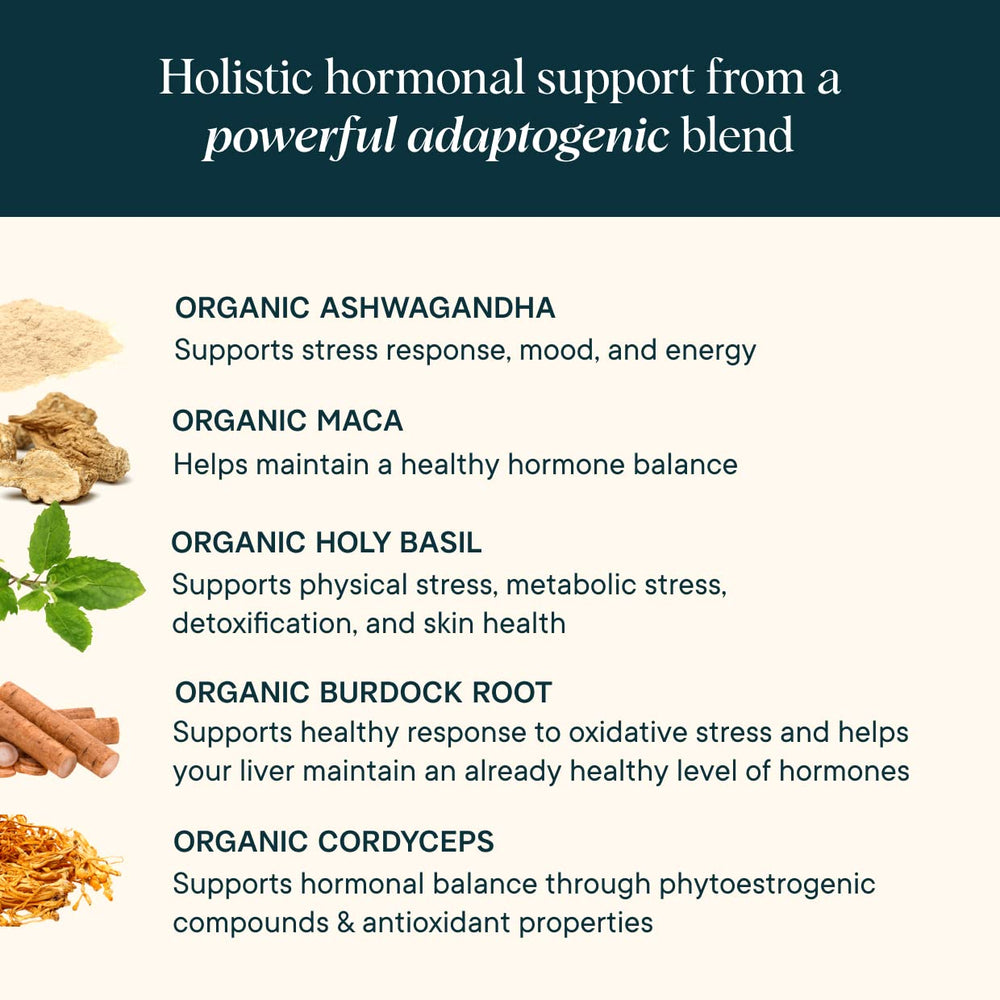 Ora Organic Hormone Balance ingredient blend closeup with maca and ashwagandha
