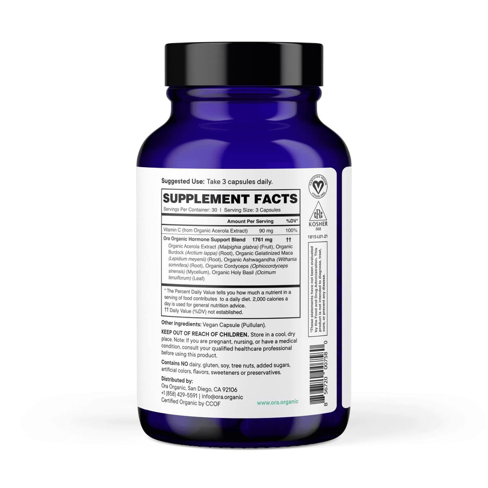 Ora Organic Hormone Balance label highlights organic ingredients and vegan formula