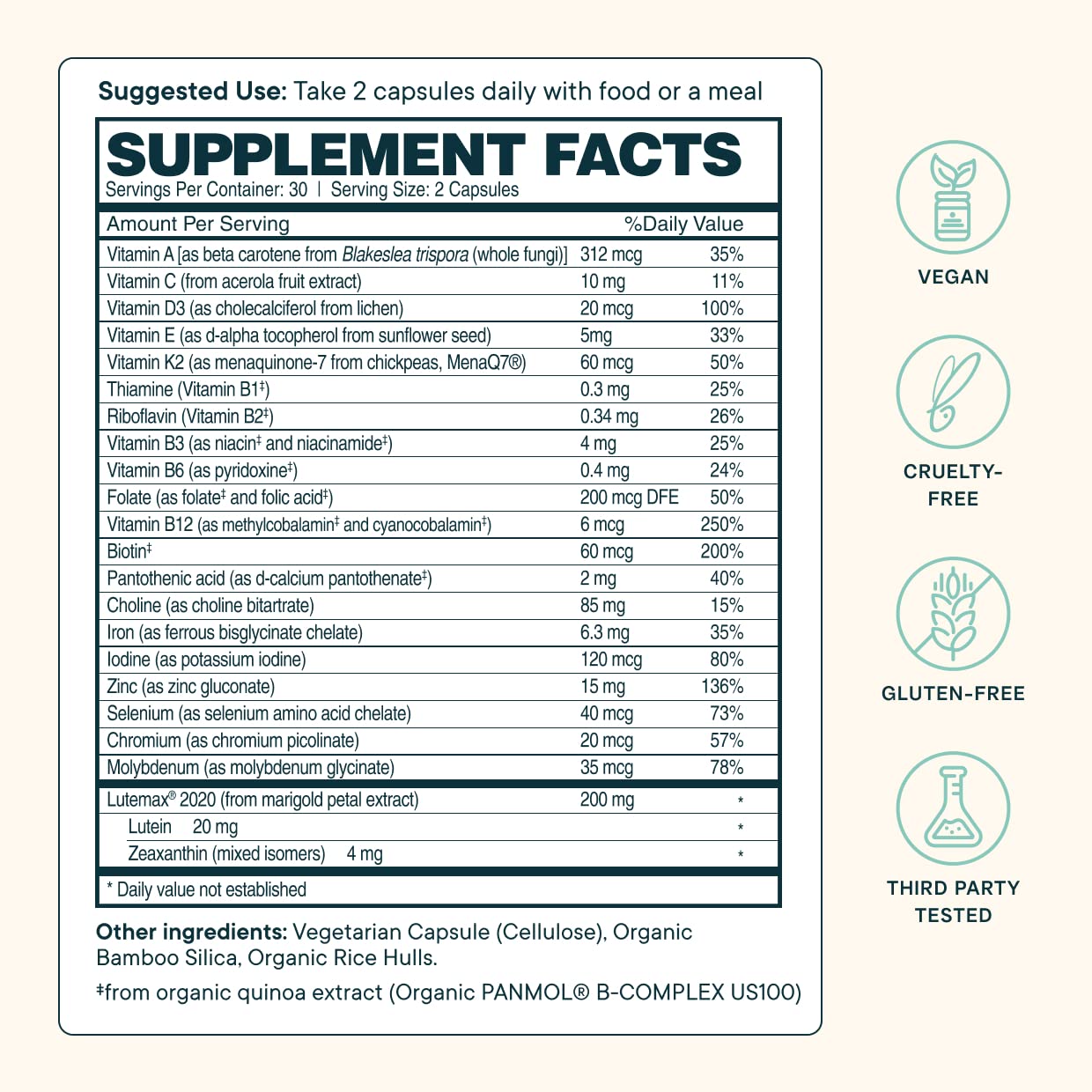 Ora Organic Modern Multi capsules closeup showing plant-based ingredients.