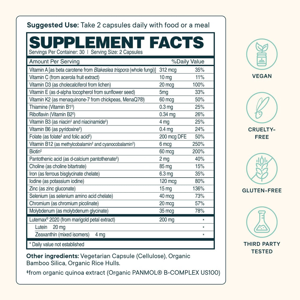 Ora Organic Modern Multi capsules closeup showing plant-based ingredients.