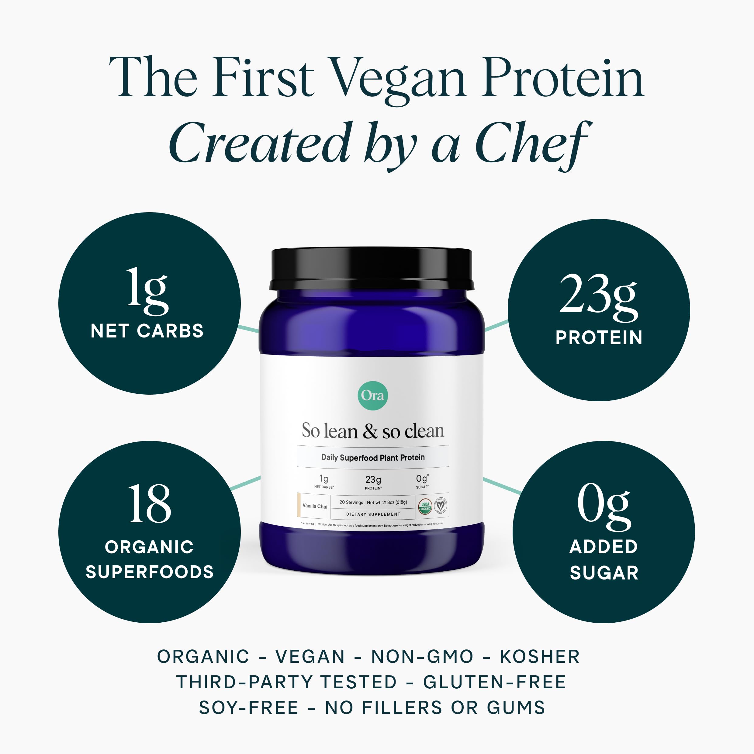 Ora Organic plant-based protein blend with scoop and glass of smoothie