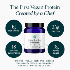Ora Organic plant-based protein blend with scoop and glass of smoothie
