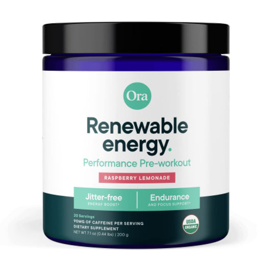 Ora Organic Raspberry Lemonade pre workout tub on a counter, ready for energizing workouts