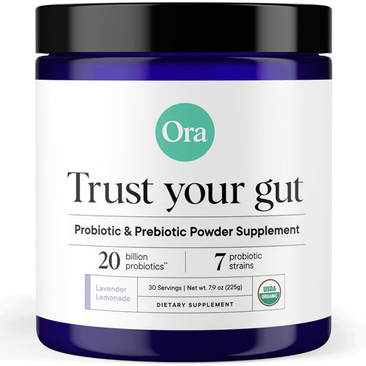Ora Organic prebiotic probiotic powder bottle with synbiotic blend for digestive support.