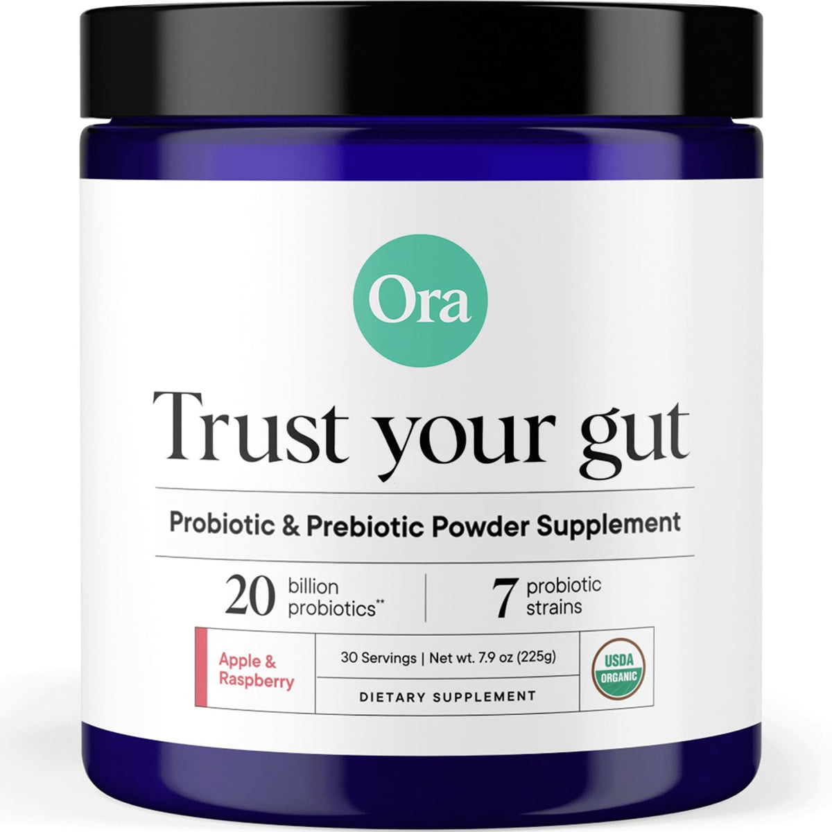 Ora Organic prebiotic probiotic powder bottle showing 20 billion CFU for gut support.