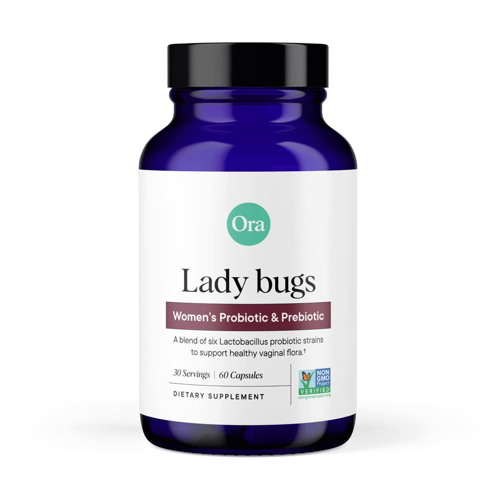 Ora Organic bottle showing 60 vegan capsules, highlighting women's gut and vaginal health support.