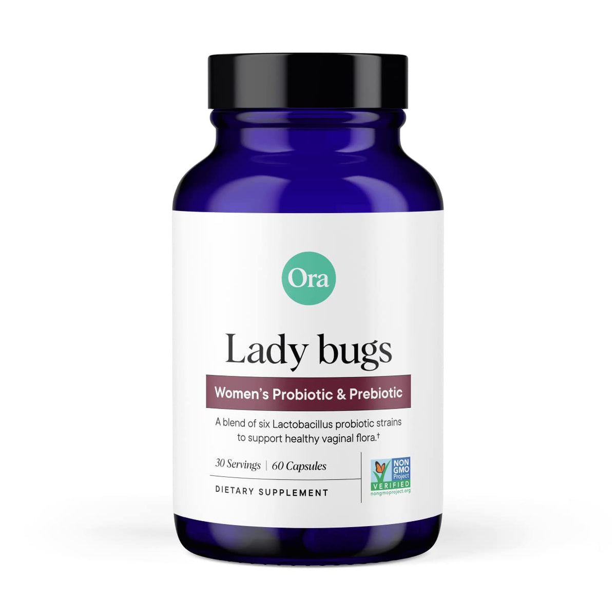 Ora Organic bottle showing 60 vegan capsules, highlighting women's gut and vaginal health support.