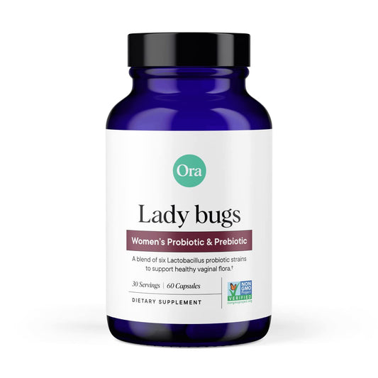 Ora Organic bottle showing 60 vegan capsules, highlighting women's gut and vaginal health support.