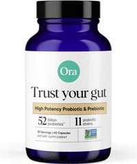 Ora Organic Probiotics bottle front shows 52B CFU and 11 strains for digestive support.