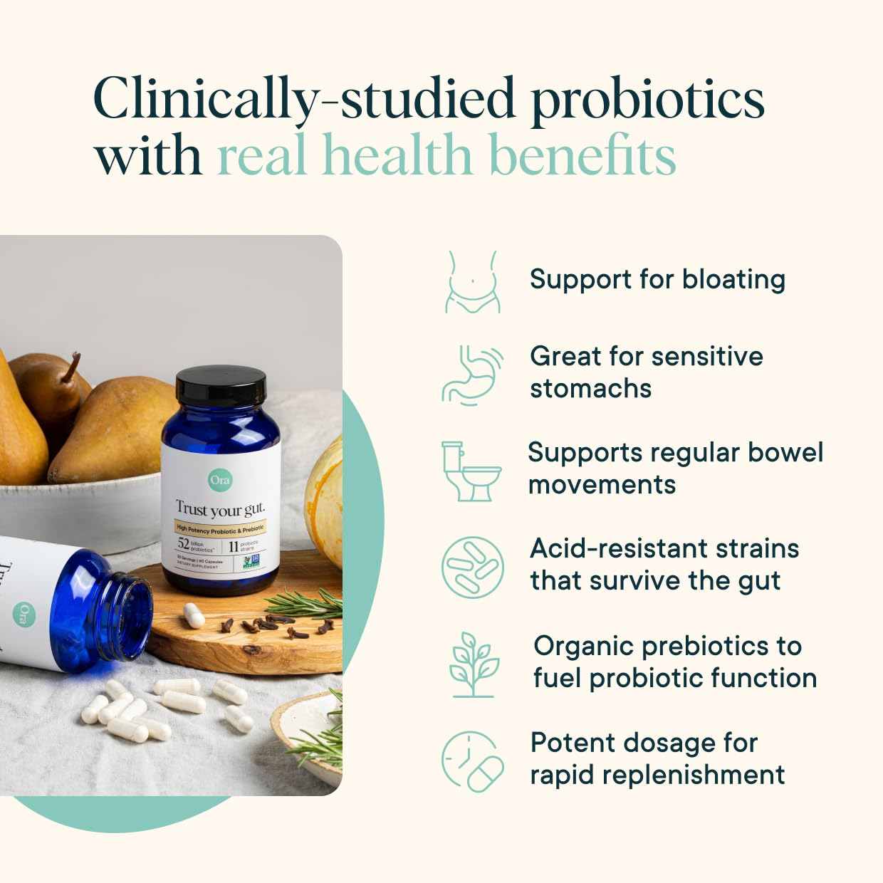Ora Organic Probiotics capsules closeup highlights acid-resistant delivery for gut health.