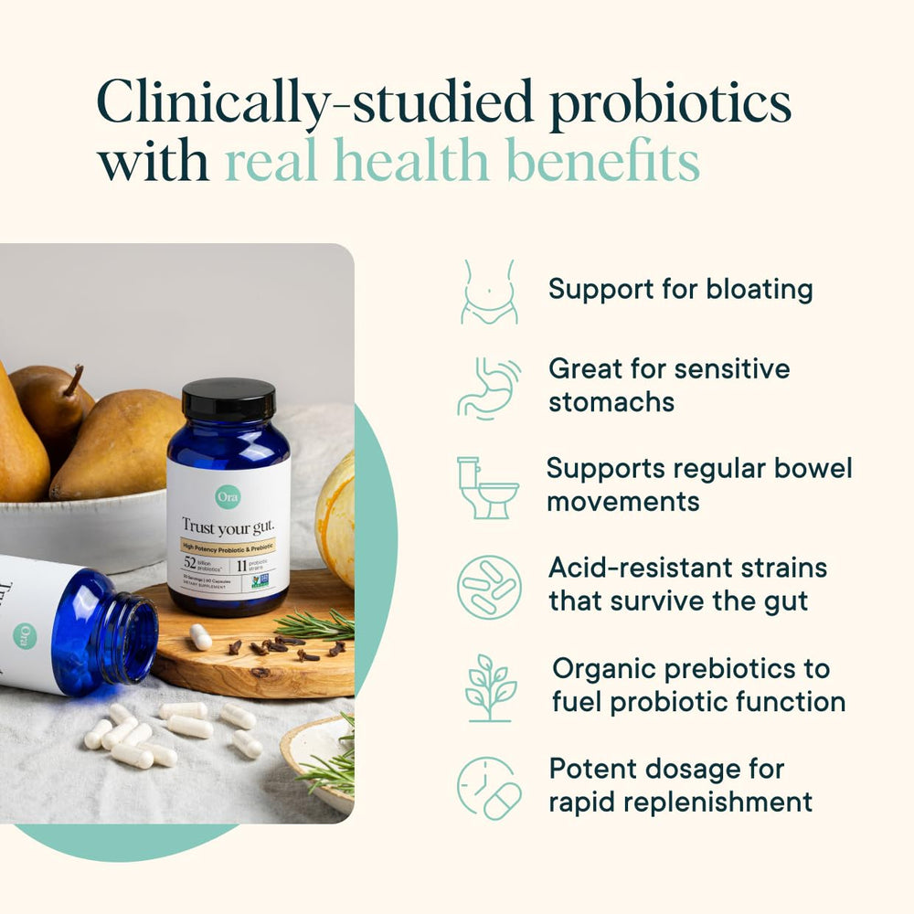 Ora Organic Probiotics capsules closeup highlights acid-resistant delivery for gut health.