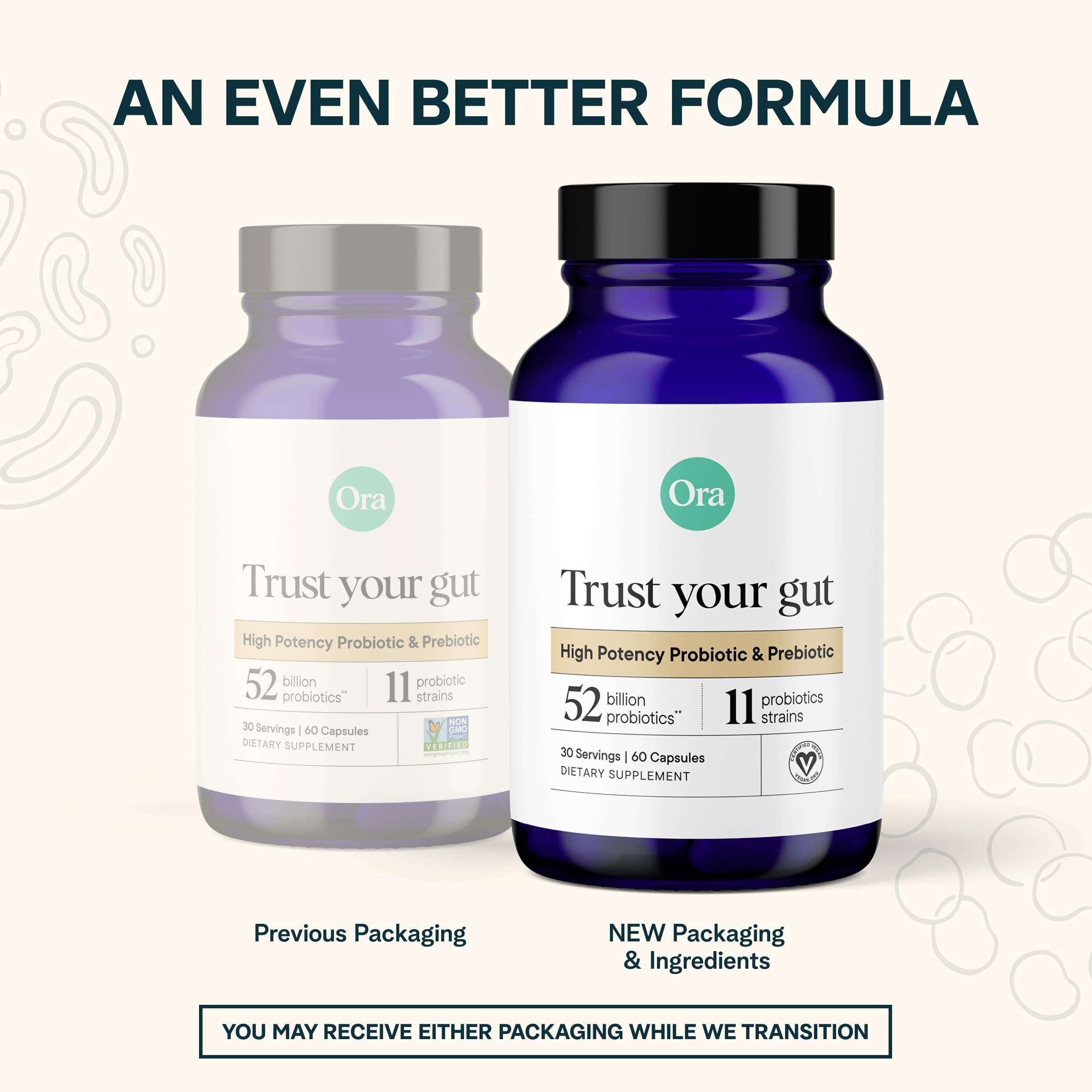 Ora Organic Probiotics vegan credential seal reflects plant-based probiotic integrity.