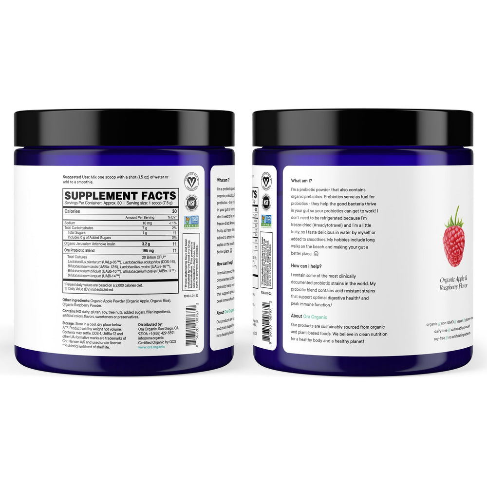 Ora Organic certified non-GMO vegan probiotic third-party tested.