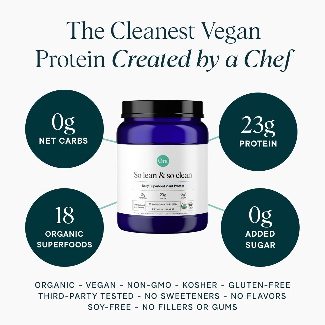 Ora Organic unflavored protein powder scoop shows a plain base ready for customization.