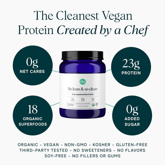 Ora Organic unflavored protein powder scoop shows a plain base ready for customization.