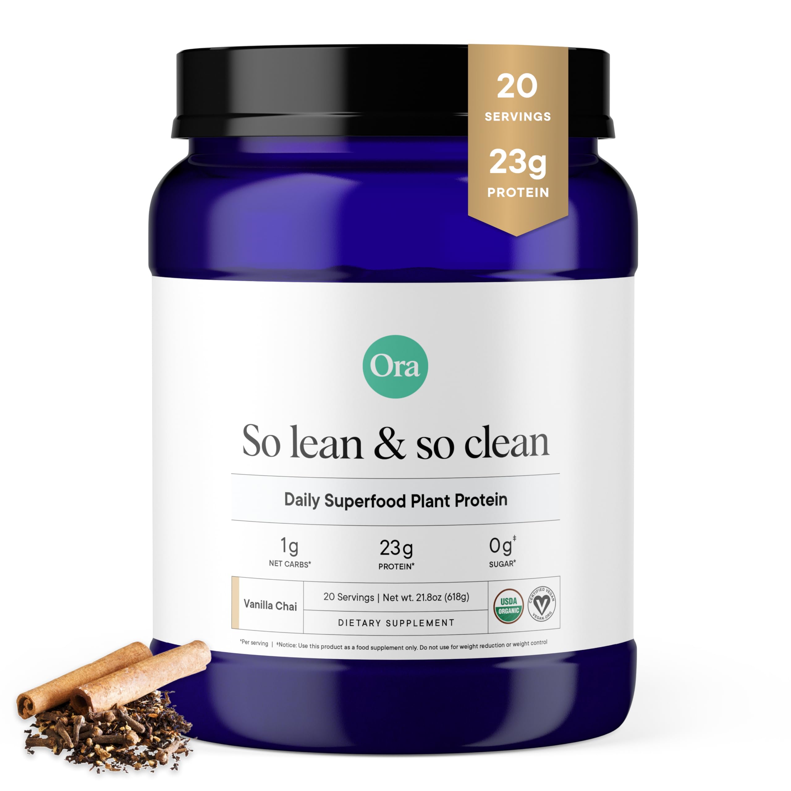 Ora Organic Vanilla Chai protein canister highlighting clean ingredients for daily nutrition