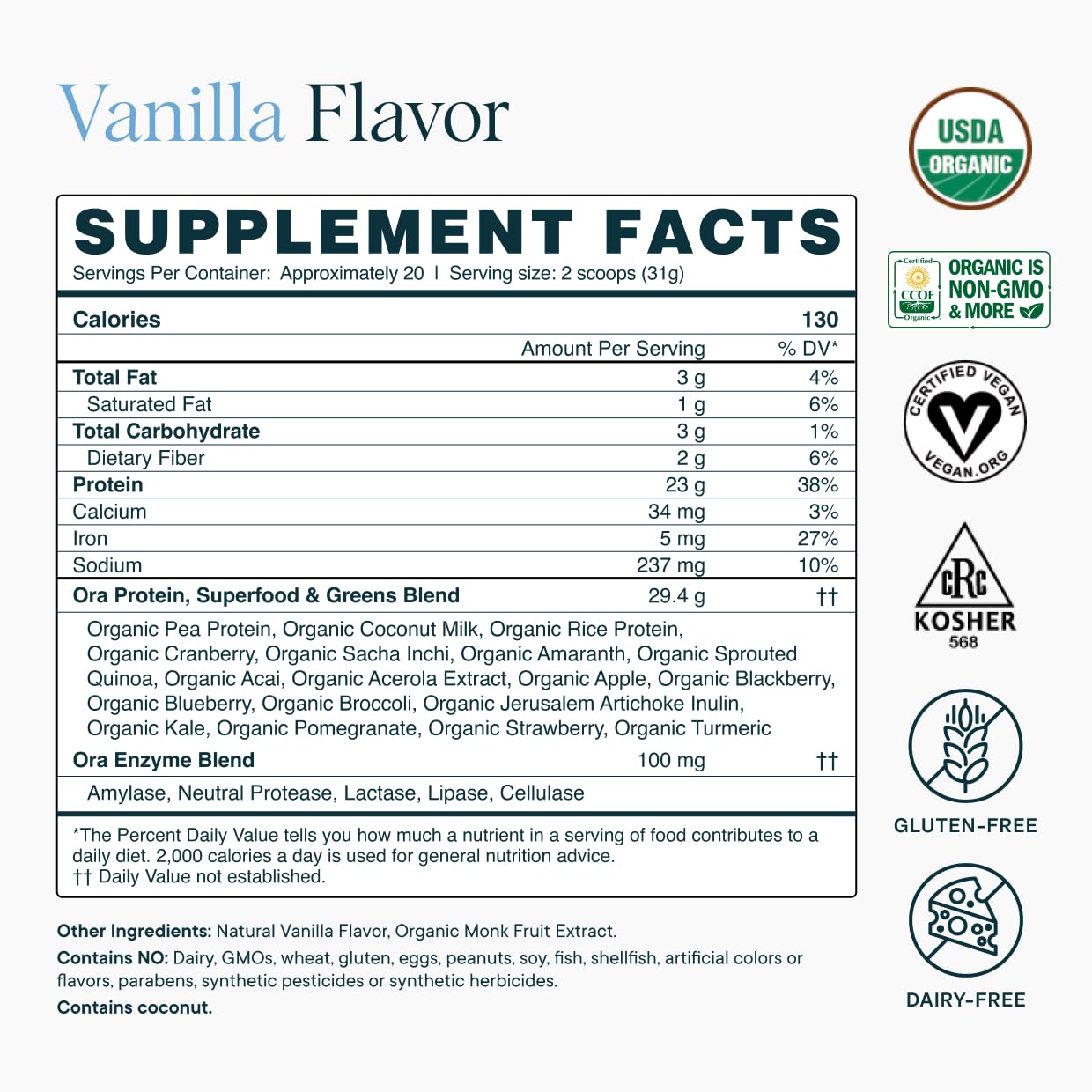 Ora Organic vanilla protein baking-ready powder beside measuring scoop