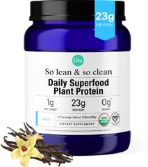 Ora Organic vanilla protein powder tub front view shows plant-based protein for post-workout recovery