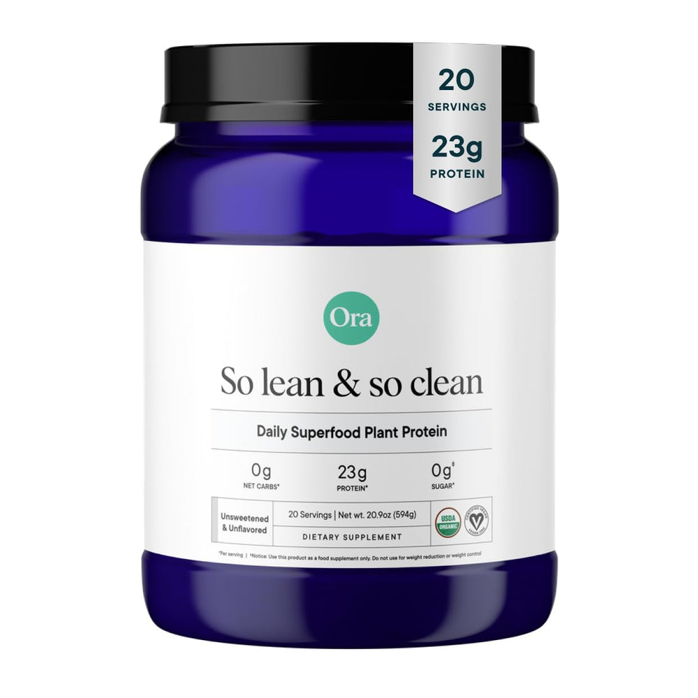 Ora Organic vegan protein powder jar highlights plant-based protein from organic sources for post-workout fuel.