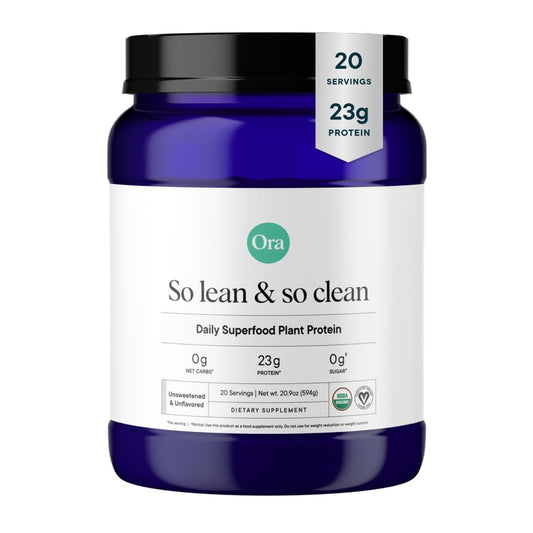 Ora Organic vegan protein powder jar highlights plant-based protein from organic sources for post-workout fuel.