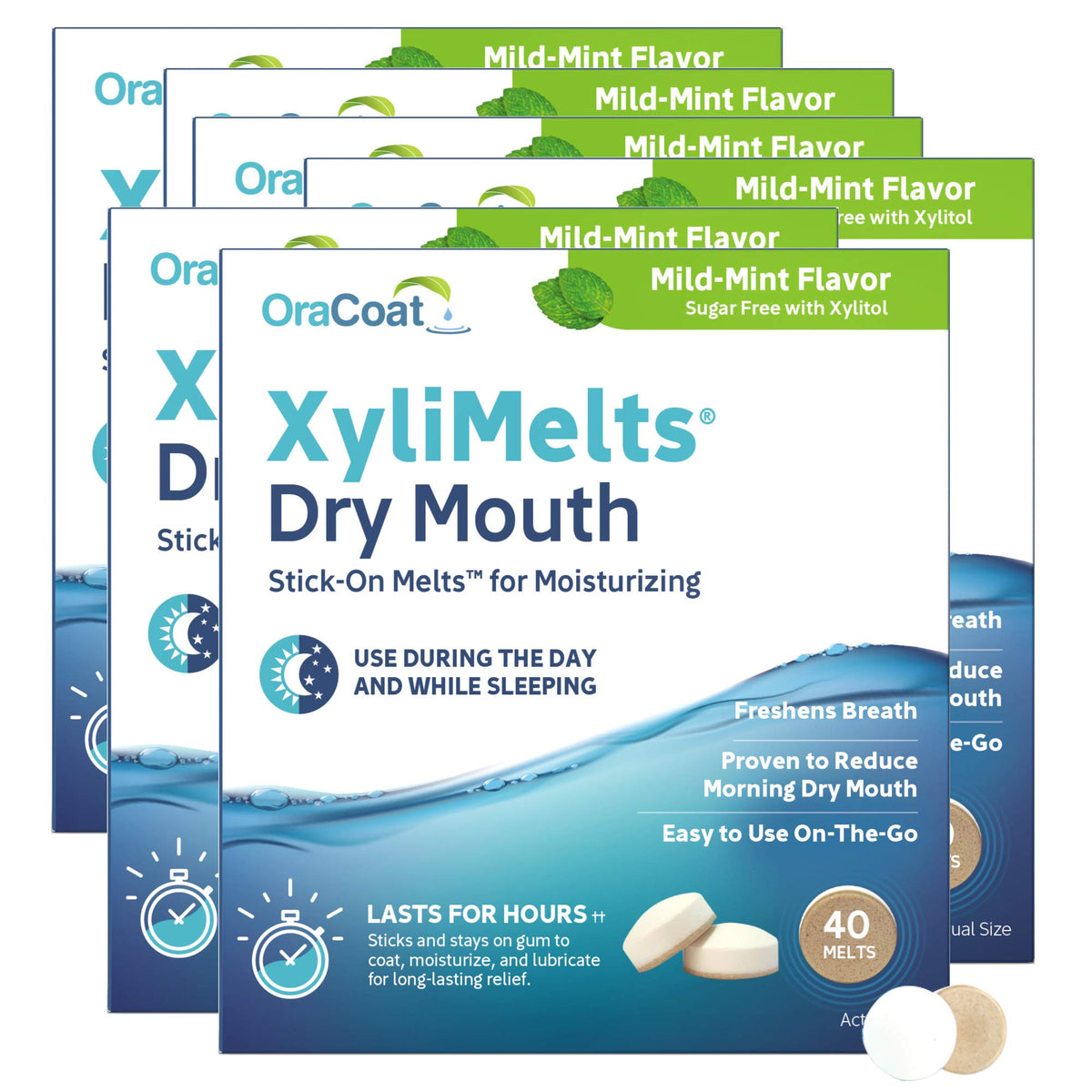 Oracoat XyliMelts disc on teeth delivers long-lasting moisture with subtle mint flavor