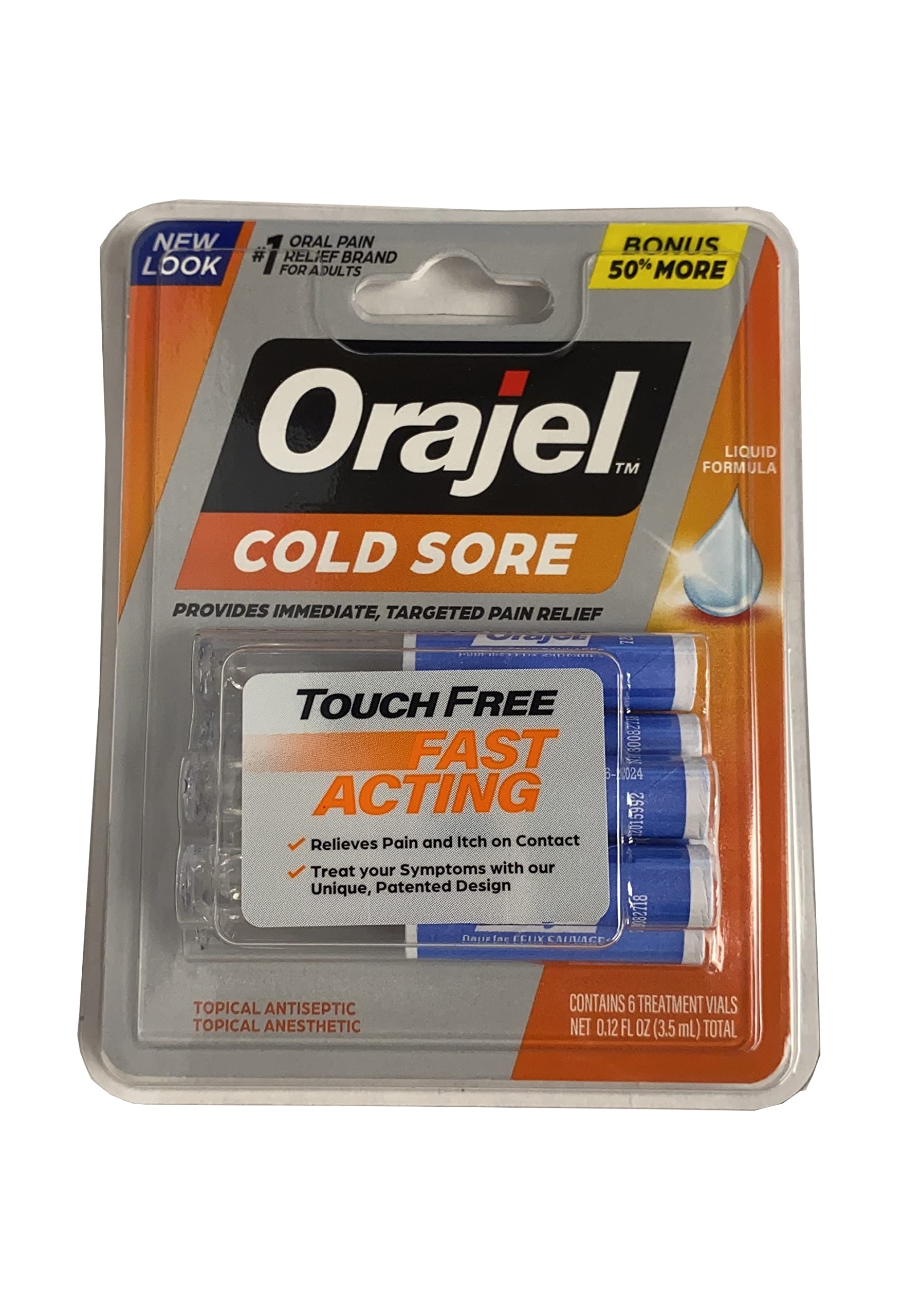 Orajel Touch-Free applicator cold sore bottle for mess-free application and symptom relief.
