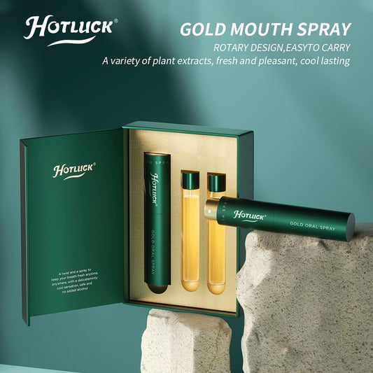 ORALUCK Hotluck Gold pocket-size spray for on-the-go freshness.