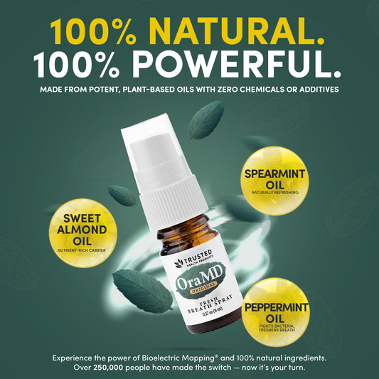 OraMD 5ml travel size spray ready for on-the-go fresh breath anytime