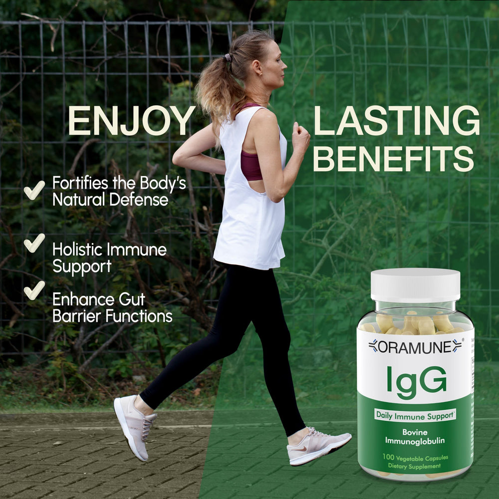 Oramune bovine immunoglobulin vial emphasizing gut wellness potential