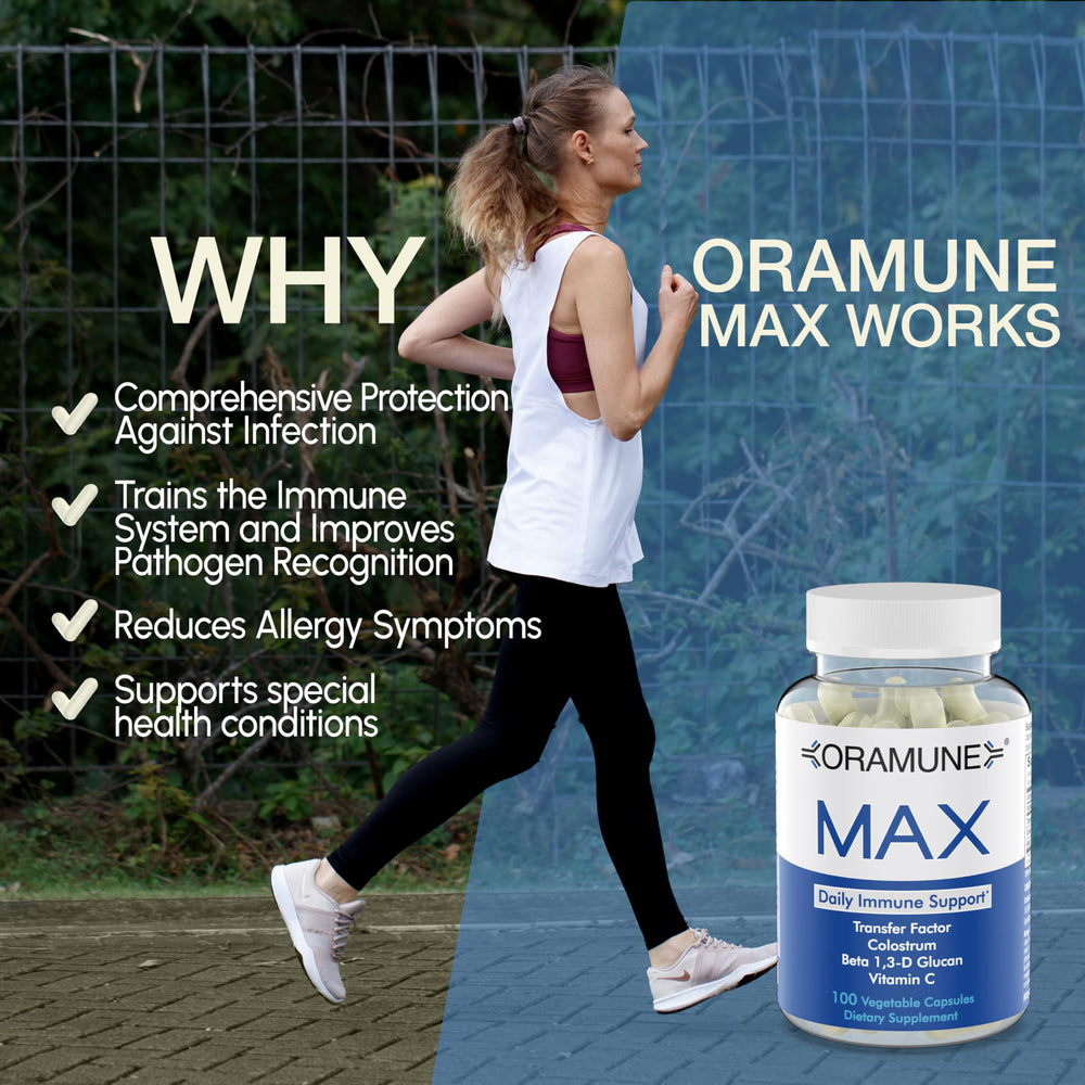 Oramune Max daily-use setup with capsules ready for morning routine.
