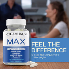 Oramune Max packaging box showcases ingredients derived from bovine colostrum.