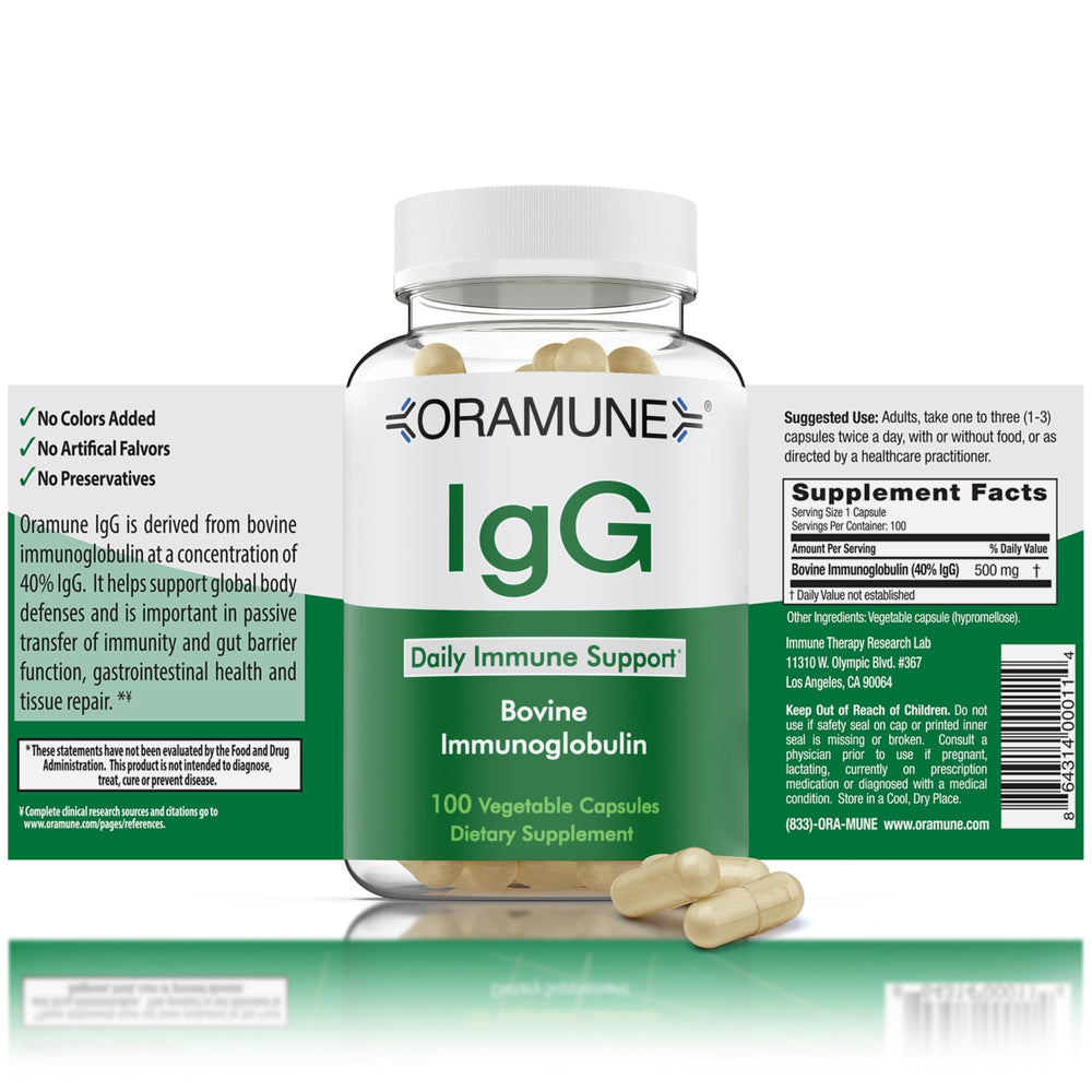 Oramune Support bottle closeup highlighting capsules for immune and gut health