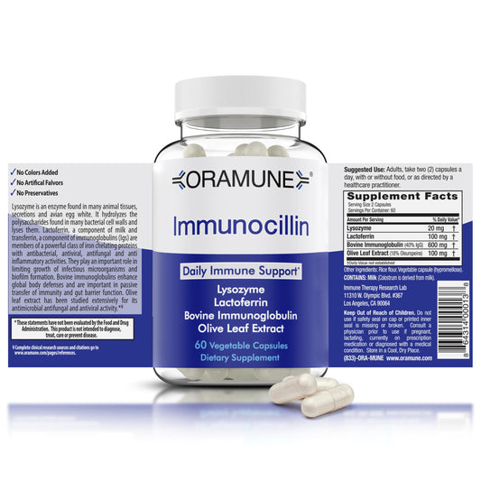 Oramune transfer-factor bottle close-up highlighting immune support potential