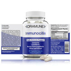 Oramune transfer-factor bottle close-up highlighting immune support potential