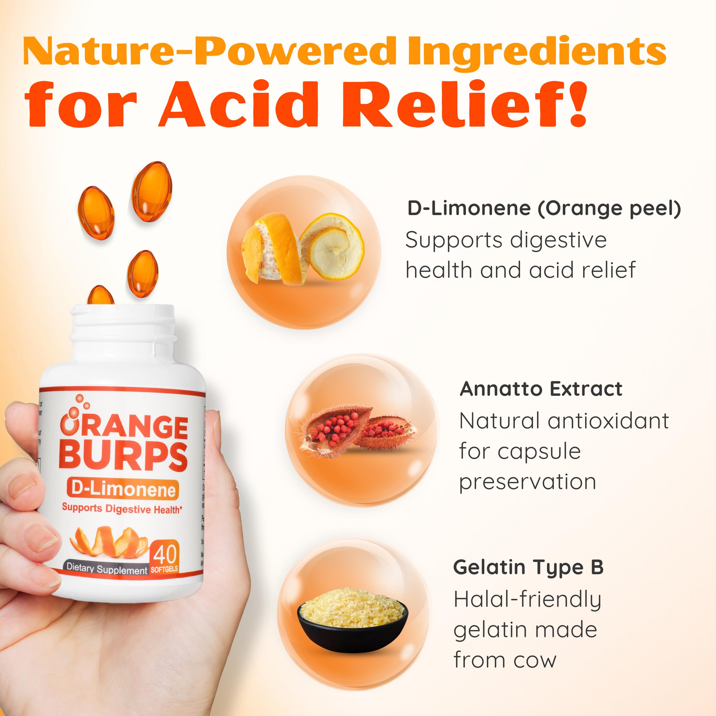 Orange Burps D-Limonene soft gels for gentle acid reduction support