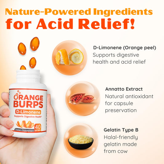 Orange Burps D-Limonene soft gels for gentle acid reduction support