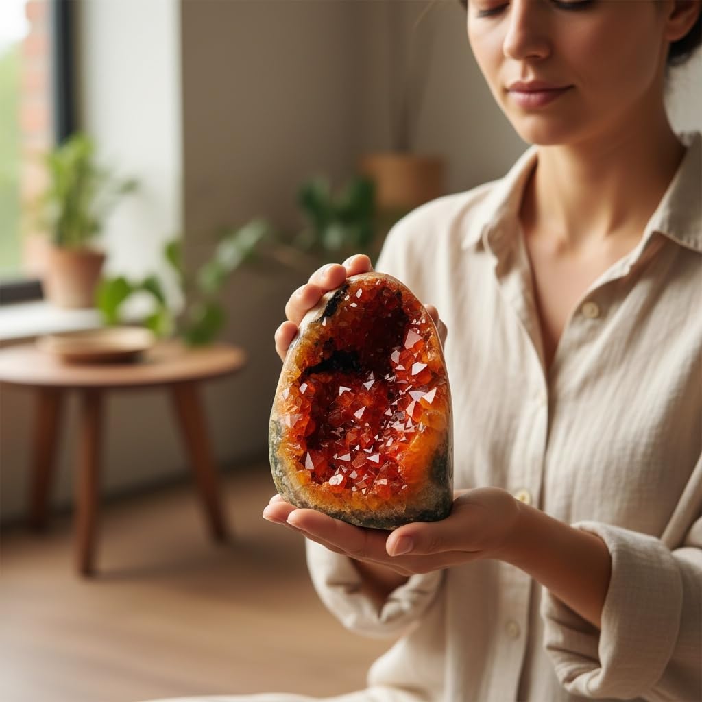 Orange Crystal Geode Cluster shelf display adds a natural focal point