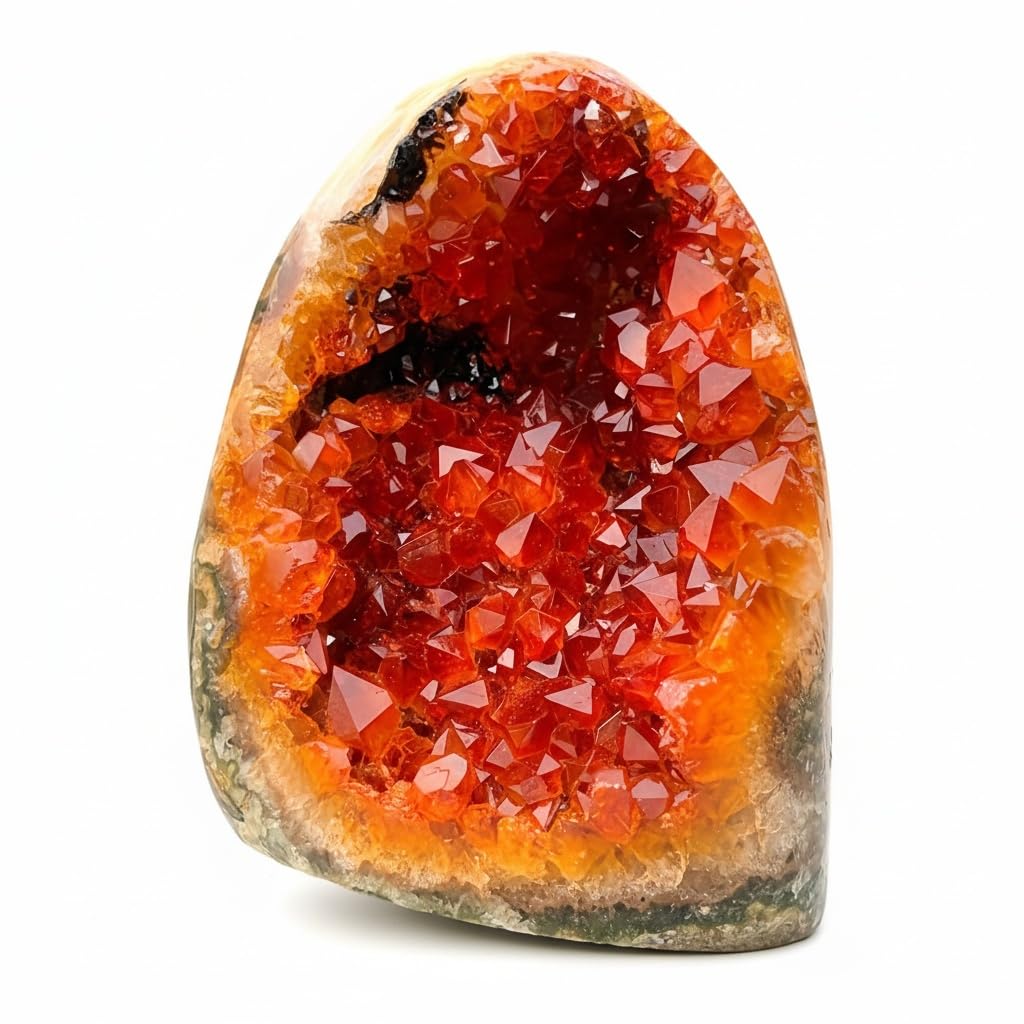 Orange Crystal Geode Cluster front view highlights vibrant hue for home decor