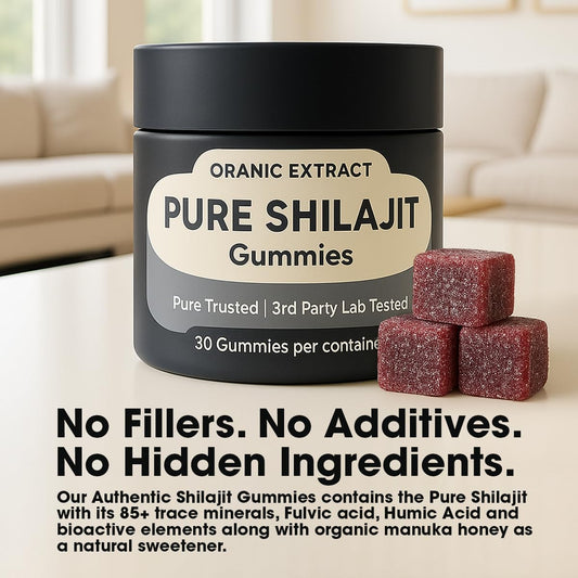 ORANIC EXTRACT Shilajit Gummies Manuka honey flavor closeup highlights smooth taste and natural energy support