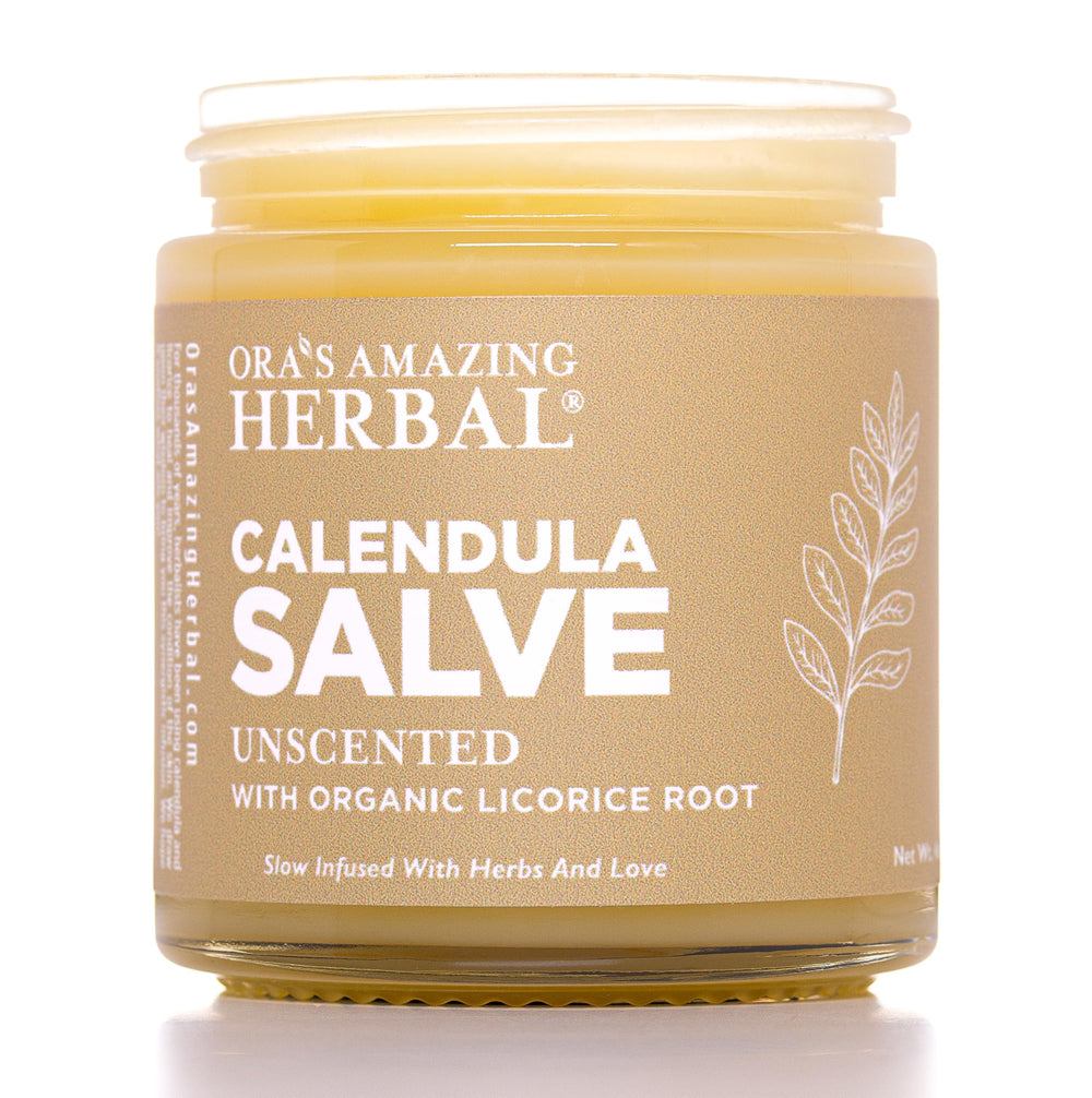 Ora's Amazing Herbal Calendula Salve bottle, fragrance-free and coconut-free for sensitive skin.