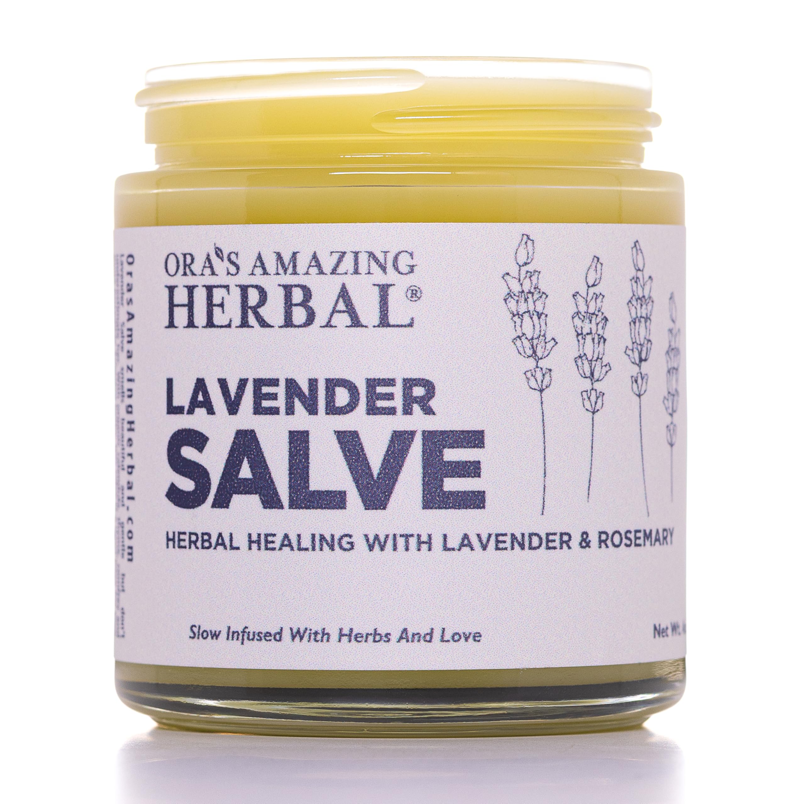 Ora's Amazing Herbal Lavender Salve jar close-up for deep moisturization.