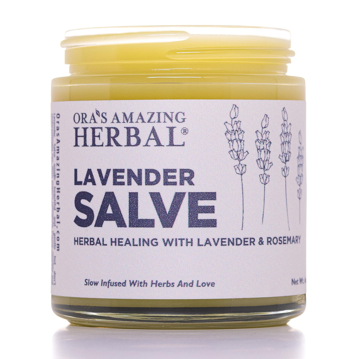 Ora's Amazing Herbal Lavender Salve jar close-up for deep moisturization.