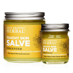 Bottle view of Ora's Amazing Herbal Touchy Skin Salve showing fragrance-free formulation