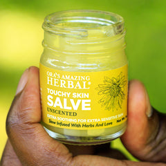 Ora's Amazing Herbal Touchy Skin Salve cracked hands use for dryness relief.